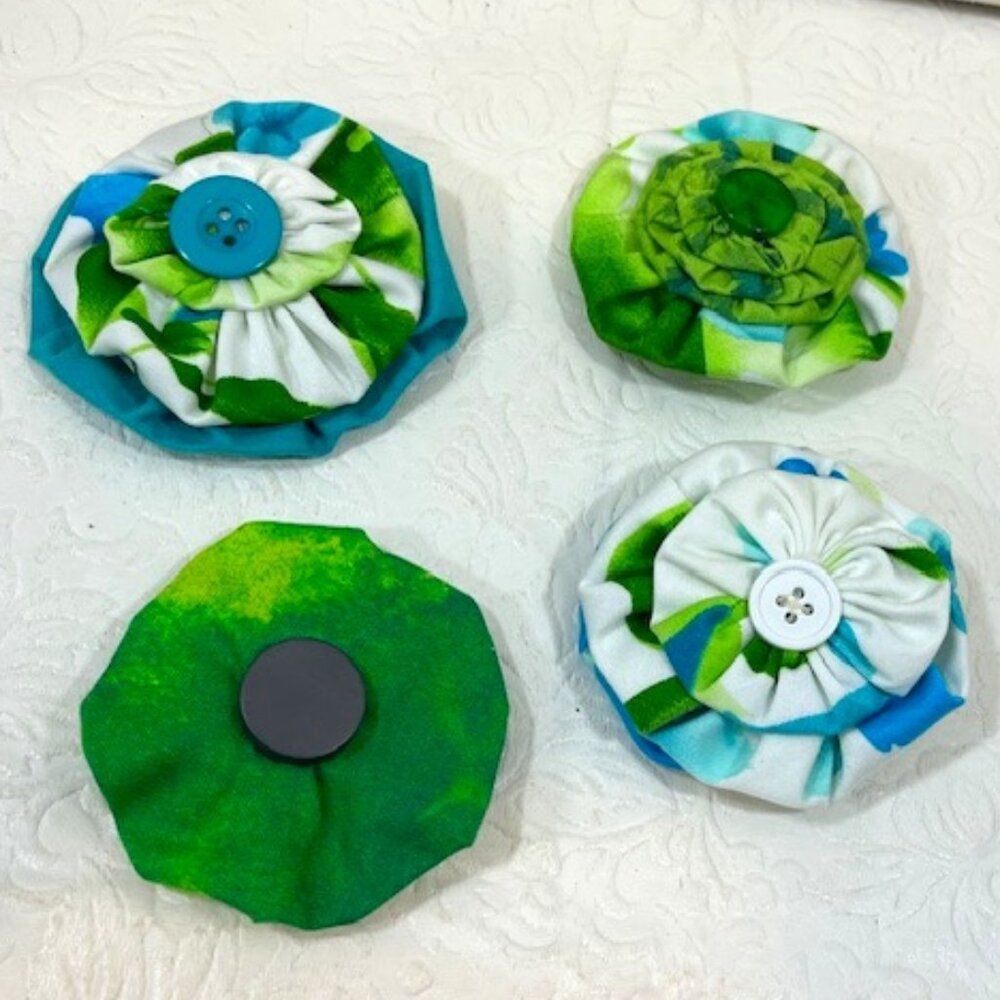 Flower Magnets Set of 4 Handmade Fabric Fridge Office Locker NEW 2.5"